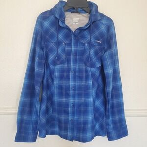 Columbia Titanium Women's Small S Blue Plaid Hooded Roll-Tab Long Sleeve Shirt